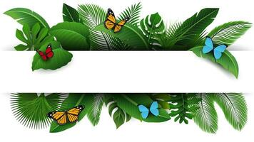 firmar con texto espacio de tropical hojas y mariposas adecuado para naturaleza concepto, vacaciones, y verano día festivo, vector ilustración