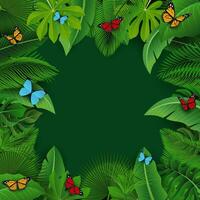 Sign with Text Space of Tropical Leaves and Butterflies. Suitable For Nature Concept, Vacation, and Summer Holiday, Vector Illustration