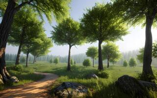 Serene spring summer jungle trees environment by misty rays of light. photo