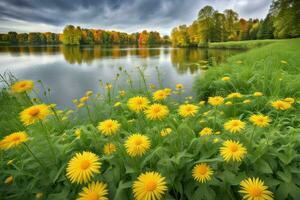 maravilloso paisaje reflexión con amarillo floreciente flor en el primer plano creado con ai generativo foto