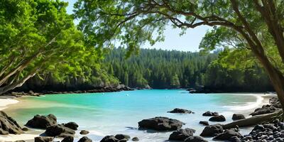 Relaxing scenic beach spring summer by green foliage of trees and rocks. AI Generative photo