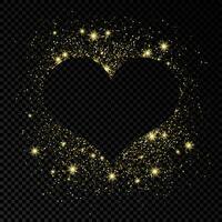 Heart shape frame with golden glitter on dark background. Greeting card with empty dark background. Vector illustration.