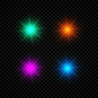 Light effect of lens flares. Set of four green, orange, purple and blue glowing lights starburst effects with sparkles on a dark transparent background. Vector illustration