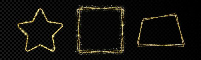 Shiny frames with glowing effects. Set of three glitter star, double square and double trapezoid frames on background. Vector illustration