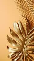 Gold colored tropical palm leaves on beige background AI Generated photo