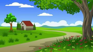 Cartoon comics green background motion video with nature and sky