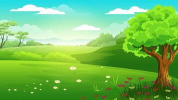 Cartoon comics green background motion video with nature and sky