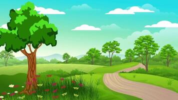 Cartoon comics green background motion video with nature and sky