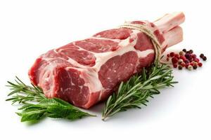 Lamb Ribs meat and herbs isolated on white, Generative AI photo