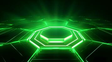 a cool hexagon shape background with green neon laser light  . Generative AI photo