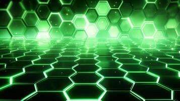 a cool hexagon shape background with green neon laser light  . Generative AI photo