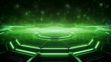 a cool hexagon shape background with green neon laser light  . Generative AI photo