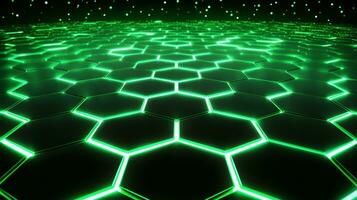 a cool hexagon shape background with green neon laser light  . Generative AI photo