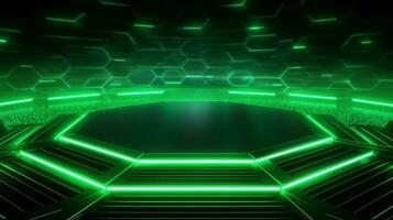 a cool hexagon shape background with green neon laser light  . Generative AI photo