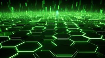 a cool hexagon shape background with green neon laser light  . Generative AI photo