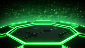 a cool hexagon shape background with green neon laser light  . Generative AI photo