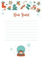 Christmas letter from Santa Claus template. Sheet of paper with hand-drawn Christmas decoration. Layout in A4 size. Vector illustration.