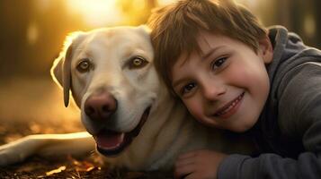 selfie foto de un pequeño chico con su perro . generativo ai