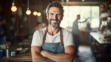 Photo of male worker smile looking camera. Generative AI