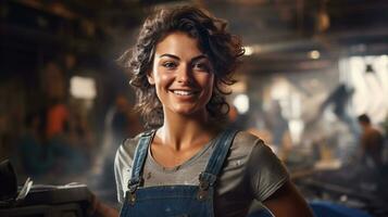 Photo of female worker smile looking camera. Generative AI