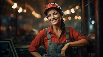 Photo of female worker smile looking camera. Generative AI