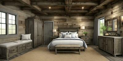 Architecture rustic concept interior bedroom indoor wooden furniture photorealistic created with ai generative photo