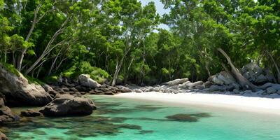 Relaxing scenic beach spring summer by green foliage of trees and rocks. AI Generative photo