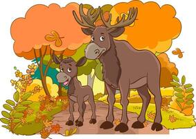 Illustration of a Cute Moose and a baby Moose  in the Forest vector