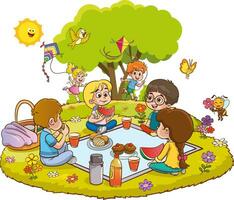 ilustración de niños teniendo un picnic a el parque en un blanco antecedentes vector