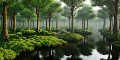 Trees reflection in the lake forest environment photorealistic created with ai generative photo