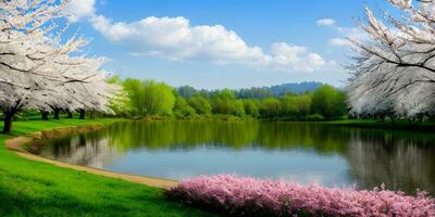 primavera floreciente flores paisaje por escénico verde césped. ai generativo foto