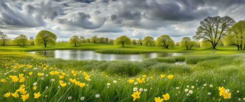 Landscape concept background beautiful meadows and natural pond in springtime created with ai generative photo