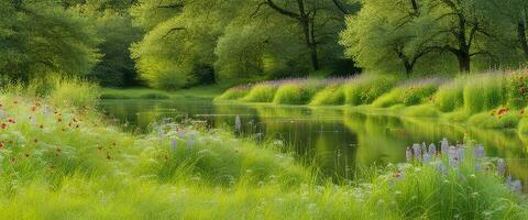 Landscape concept background beautiful meadows and natural pond in summertime created with ai generative photo