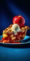 Stack of pancakes with peaches and vanilla ice cream on top, AI Generated photo