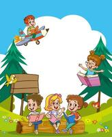 Border template design with kids reading books in the park illustration vector. vector