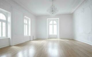 Indoor interior empty white room by shining bright sunlight from the window. AI Generative photo