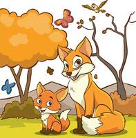 Illustration of a Cute Red Fox and a Little Fox in the Forest vector