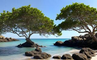 Beautiful daylight beach spring summer by green foliage of trees and rocks. AI Generative photo