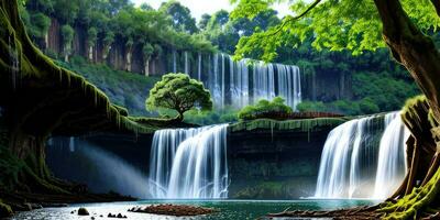 Beautiful big tree and waterfall landscape for background created with ai generative photo