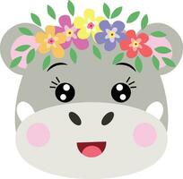 linda hipopótamo cara con floral guirnalda en cabeza vector