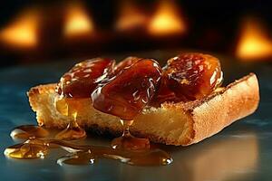 Saudi Arab Dates toast, macro shot of a fresh breakfast with Dripping Honey, AI Generated photo