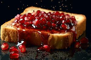 Pomegranate toast, macro shot of a fresh breakfast with Dripping Honey, AI Generated photo