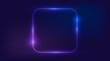 Neon rounded square frame with shining effects on dark background. Empty glowing techno backdrop. Vector illustration.