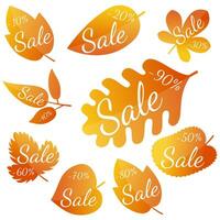 Set of autumn yellow-red leaves with inscription Sale. Discounts from 10 to 90 percent. Vector illustration.