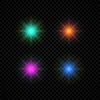 Light effect of lens flares. Set of four green, orange, purple and blue glowing lights starburst effects with sparkles on a dark background. Vector illustration
