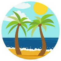 Natural cartoon landscape in circle. Vector illustration in the flat style with two palms in the summer beach.