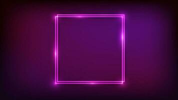 Neon double square frame with shining effects on dark background. Empty glowing techno backdrop. Vector illustration.