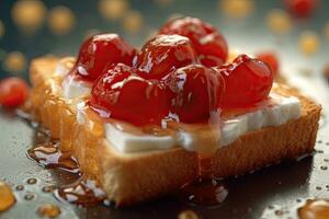 cherry toast, macro shot of a fresh breakfast with Dripping Honey, AI Generated photo