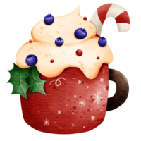 isoliert süß Winter Weihnachten Beere ausgepeitscht Sahne Getränk im Becher mit Zucker Stock und Stechpalme Blätter im Aquarell Stil und transparent Hintergrund png