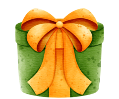 Isolated cute green gift present box with yellow ribbon bow in watercolor style and transparent background png